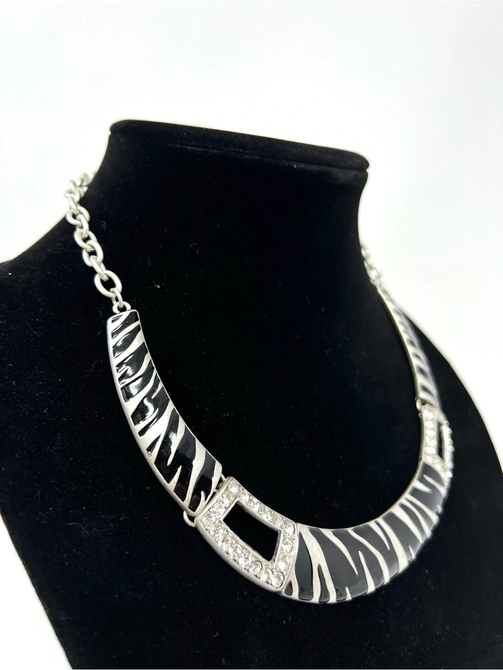 Vintage Silver Collar Necklace with Black Zebra Stripes
